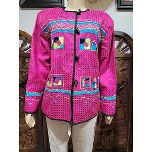 allure women’s pink wearable art button front long Sz L Bright Colors jacket #R2